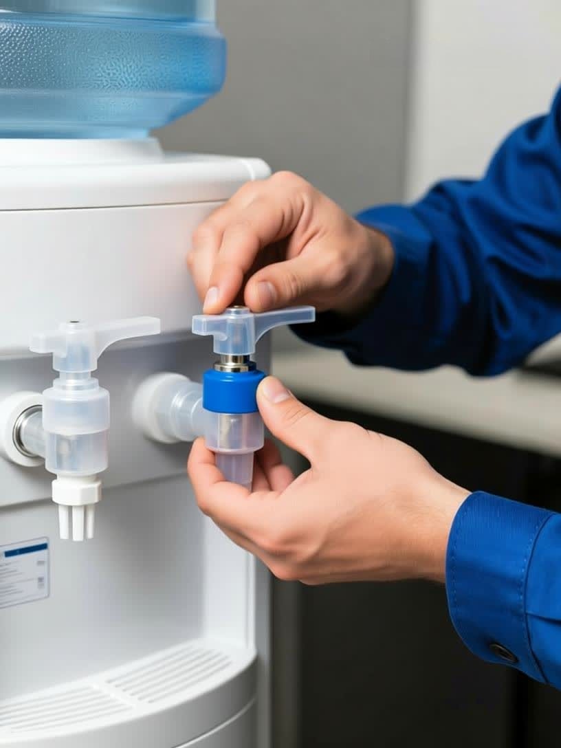 Мастер в синей форме ремонтирует кулер для воды